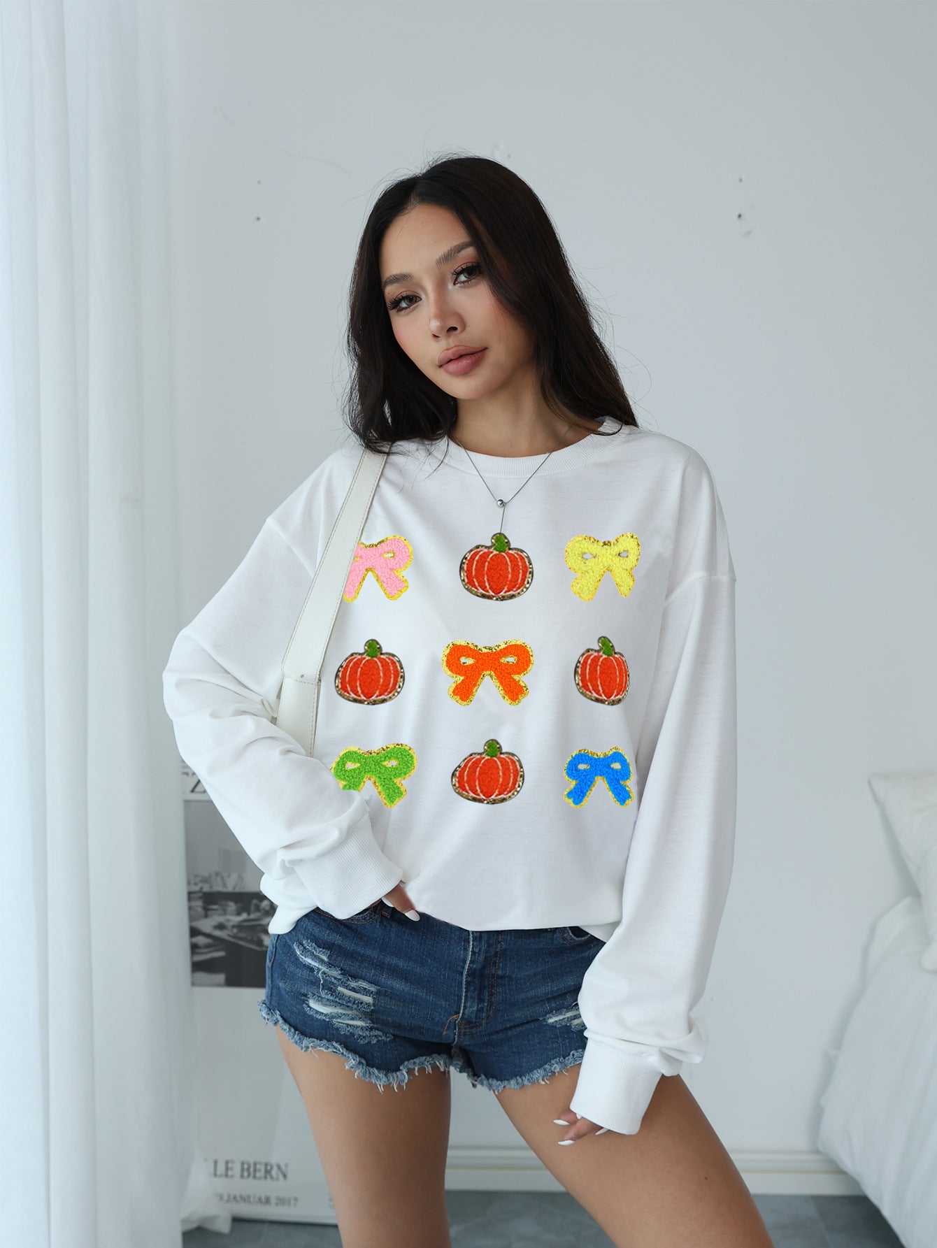 Women's bow pumpkin round neck hoodie