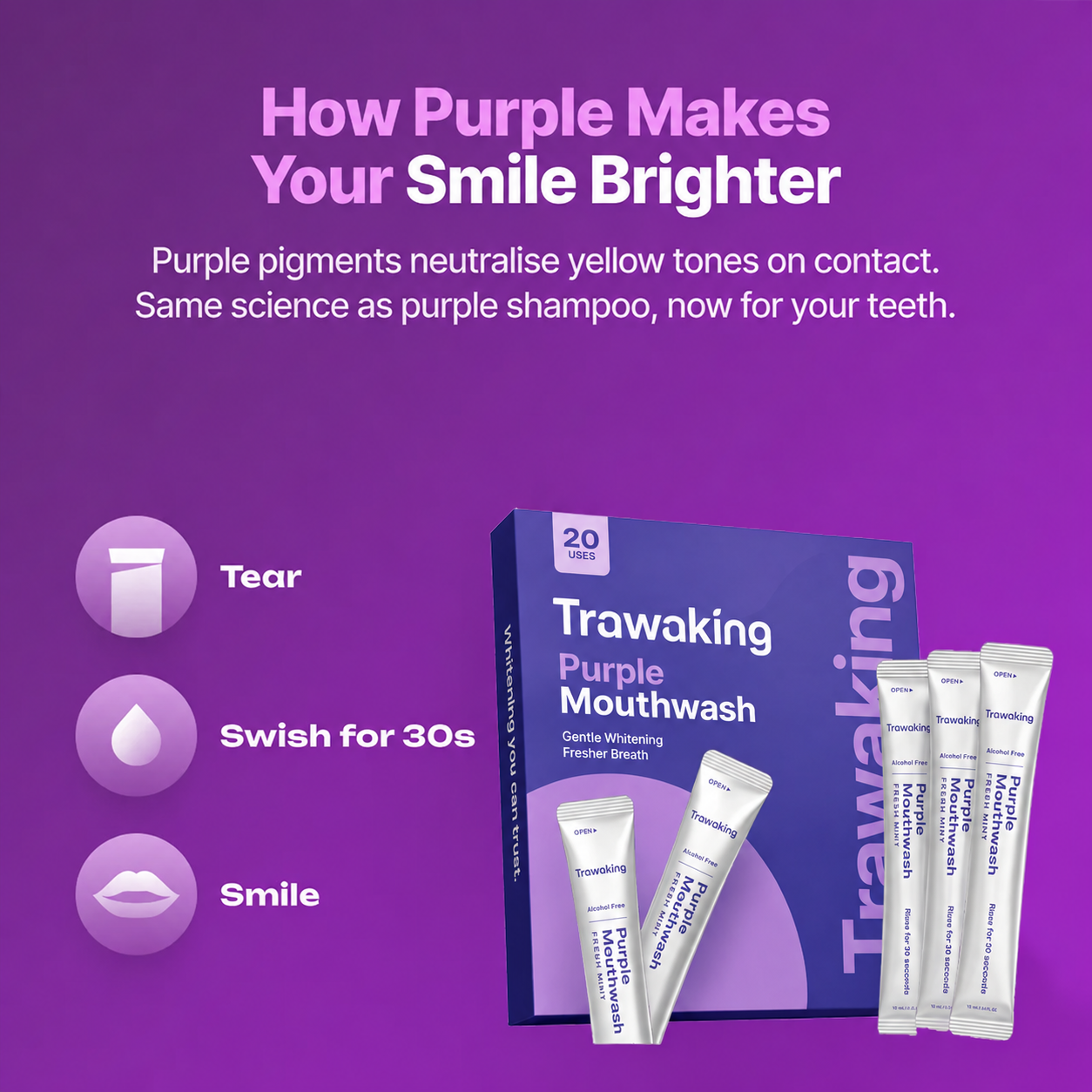 Purple Mouthwash - Sachets 20 Pack - Peroxide-Free - Alcohol Free - Vegan Mint