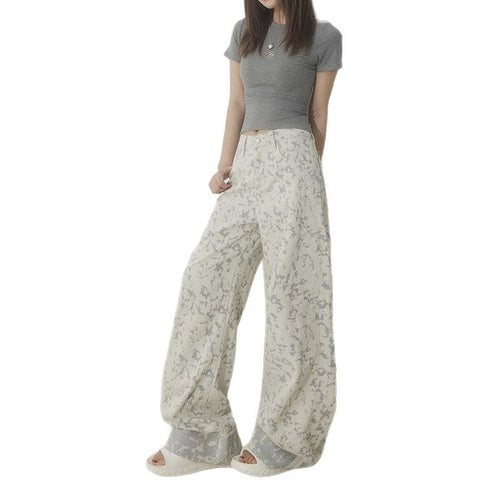 White Tie-Dye Printed Jeans for Women High Waist Loose Wide Leg Pants