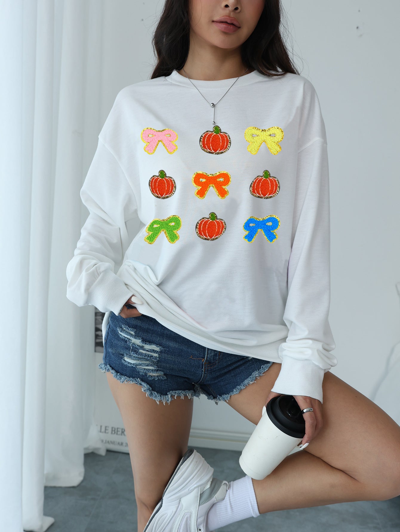 Women's bow pumpkin round neck hoodie